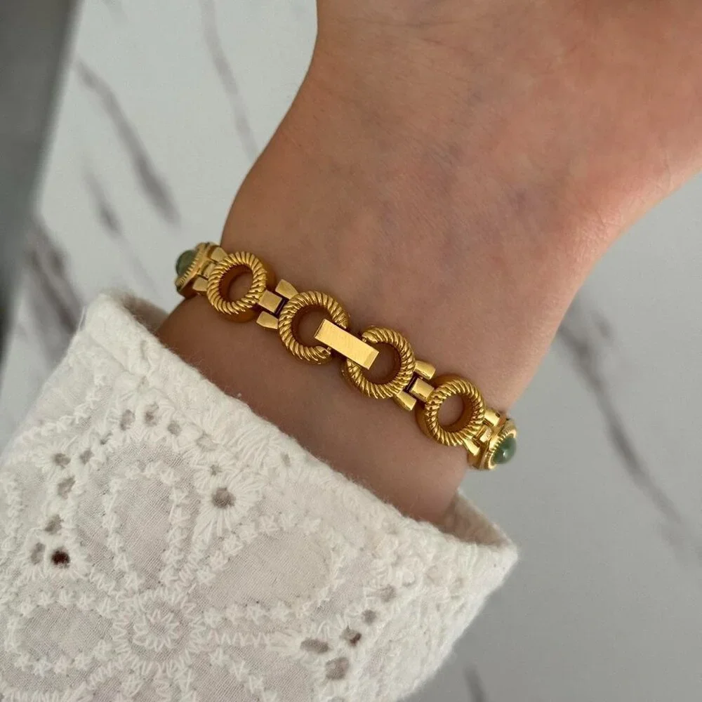 Sku0283 Retro‎ Gold Green Gemstones Women Fashion Watch Bracelet + gift bag